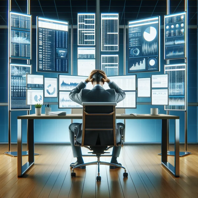 stressful employee in front of many screens